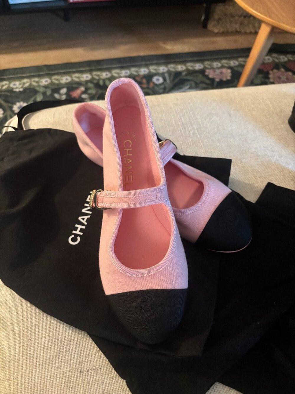 CHANEL Pink Fabric Mary Jane Flats